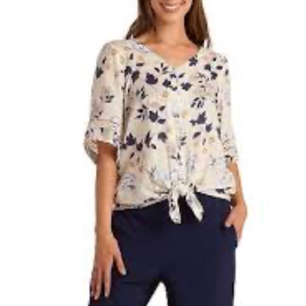 AB Studio - Floral Tie-Front Blouse - Cream and Navy - Size XXL